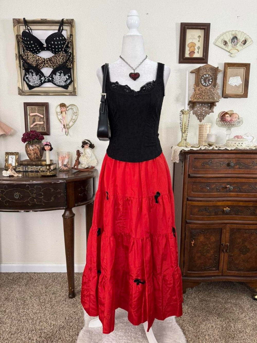 vintage romantic femme fatale vixen red tired maxi skirt w black velvet bows